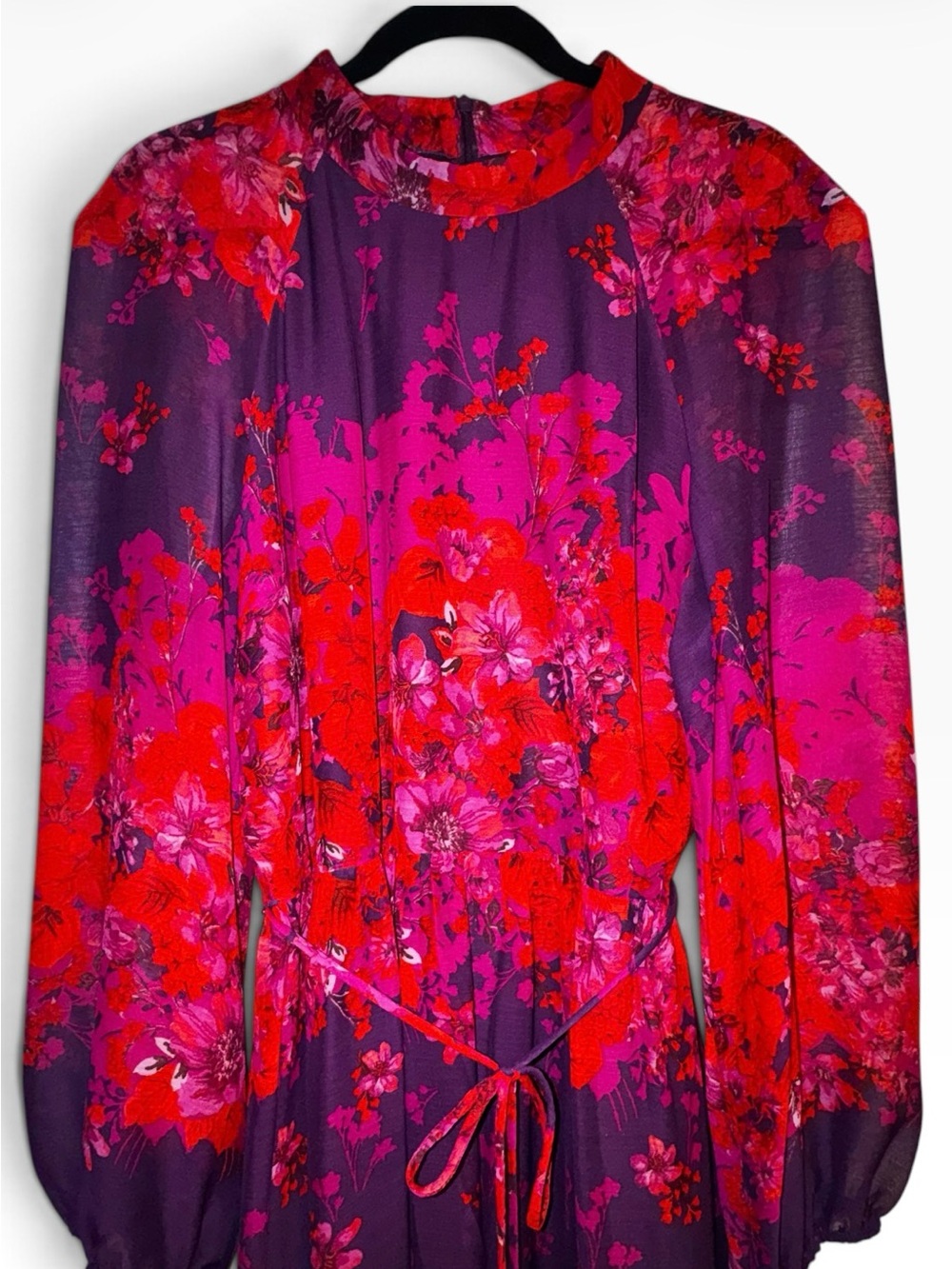 Maison Tara Floral Tie-Waist Long Sleeve Dress - Purple & Fuchsia